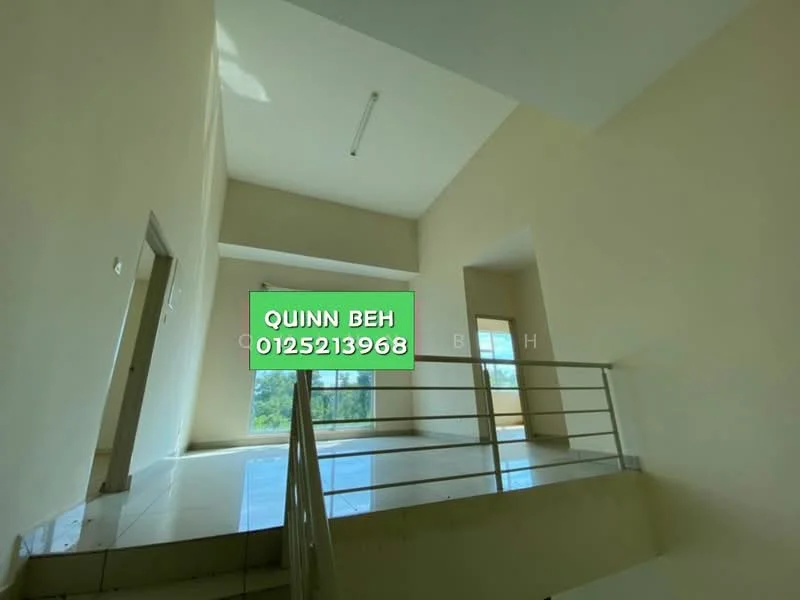 Room features: cream painted walls, high ceiling, large windows with natural light, tile flooring, railing, open space layout; style: modern; view: garden.