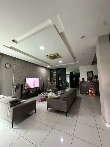 Living features: white painted walls, grey accent wall with stone texture, polished ceramic tile flooring, tray ceiling with recessed lighting, wall-mounted TV, 2-seater fabric sofa in grey, 2-seater fabric sofa in grey, coffee table, air conditioning unit, decorative wall clock, built-in cabinetry, LED lighting, decorative items on the floor; style: modern.