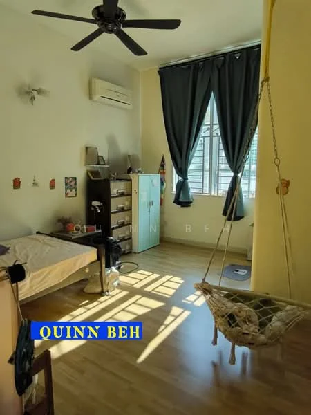 Bedroom features: wooden flooring, cream painted walls, 1 wall-mounted split AC, 5-blade ceiling fan, floor-to-ceiling window, blackout curtains, hammock chair, single bed, bedside table, green storage cabinet, decorative wall art; style: minimalist; view: city.