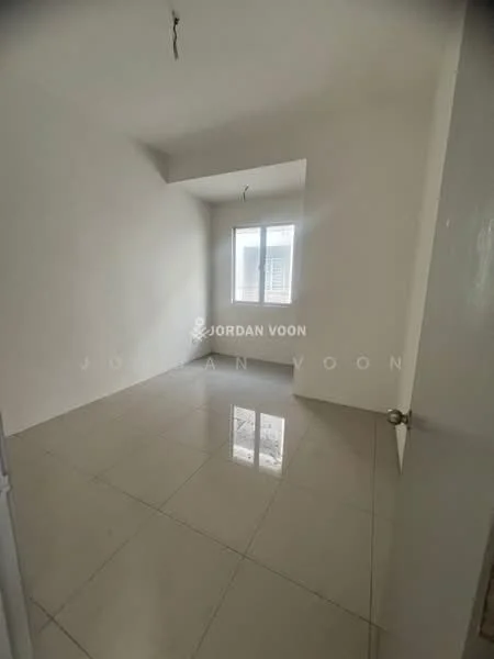 Room features: white painted walls, glossy ceramic tile flooring, single window, no visible ceiling features, no visible lighting fixtures, empty space; style: minimalist.
