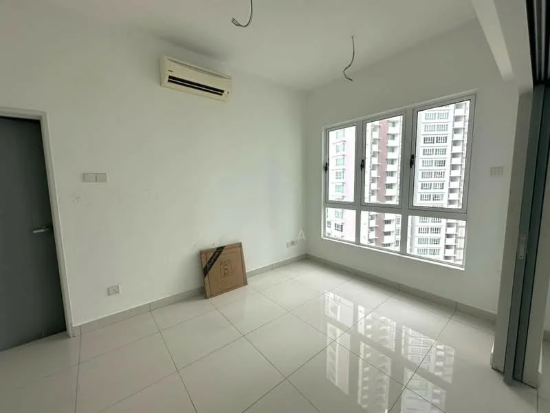 Room features: white painted walls, glossy tile flooring, floor-to-ceiling windows, 1 wall-mounted split AC, no visible furniture, neutral color scheme, box on the floor; style: modern; view: city.