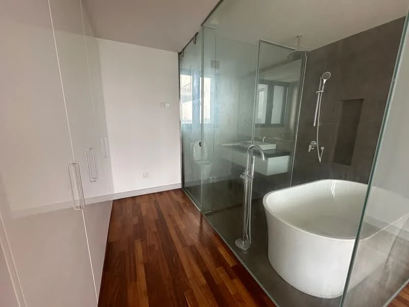 Bathroom features: freestanding bathtub, walk-in shower with glass enclosure, chrome handheld shower, wall-mounted faucet, white sink with countertop, wood flooring, glass partition, neutral wall tiles, large window for natural light; style: modern.