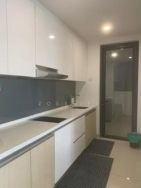 Kitchen features: white high-gloss cabinetry, light wood lower cabinets, grey backsplash, double-bowl stainless-steel sink, chrome pull-down faucet, built-in oven, stainless-steel range hood, marble countertop, recessed downlights, sliding glass door, floor-to-ceiling windows, tile flooring; style: modern.