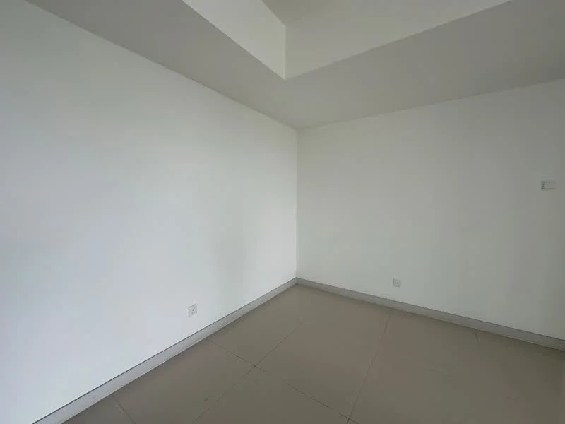 Room features: white painted walls, plain ceiling, tile flooring, corner room, no visible fixtures or furniture; style: minimalist.