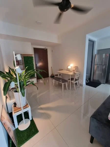 Living features: white painted walls, polished ceramic tile flooring, 5-blade ceiling fan, dining table with chairs, refrigerator, potted plant, decorative shelving unit, floor lamp, green carpet, sofa, wall-mounted artwork; style: modern.