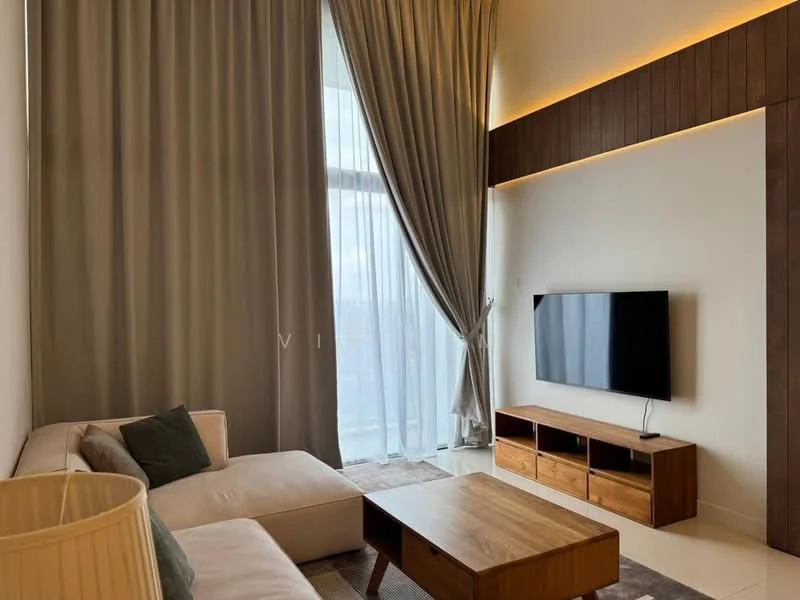 Living features: L-shape sectional sofa in cream, wood coffee table, TV console with wooden drawers, wall-mounted flat-screen TV, floor-to-ceiling windows, sheer curtains, heavy drapes, recessed lighting, wood paneling on feature wall, area rug with neutral tones; style: modern; view: city.