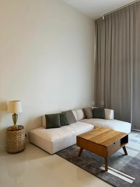 Living features: L-shape sectional sofa in beige, green accent cushions, wood coffee table with drawer, area rug with geometric pattern, floor-to-ceiling windows with sheer curtains, white painted walls, polished tile flooring, decorative lamp on side table, woven basket side table; style: modern.