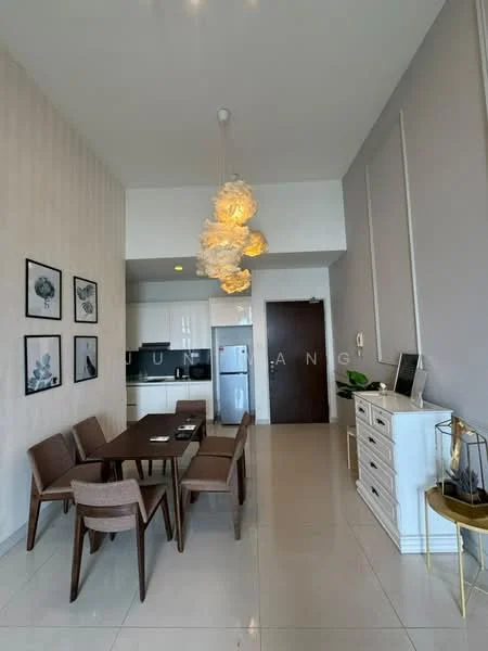 Dining features: dining table for six, wooden dining chairs, pendant light fixture with floral design, white sideboard, framed artwork on walls, white painted walls, tile flooring, refrigerator, built-in kitchen cabinetry, open kitchen layout; style: modern.