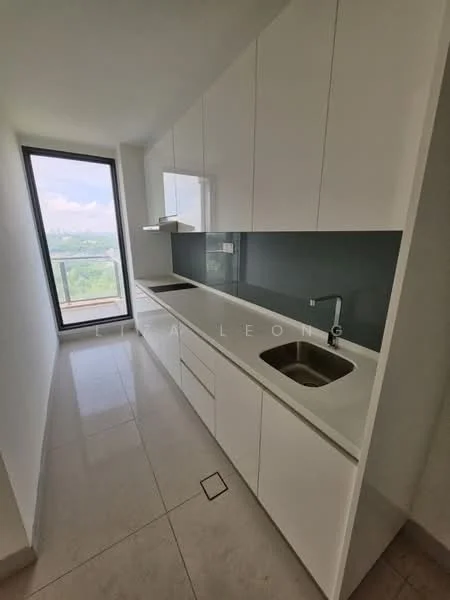 Kitchen features: white cabinetry, single-bowl stainless-steel sink, chrome pull-down faucet, white countertop, glass backsplash, built-in oven, stainless-steel range hood, ceramic tile flooring, floor-to-ceiling window, natural light, minimalist design, open layout; style: modern; view: city.