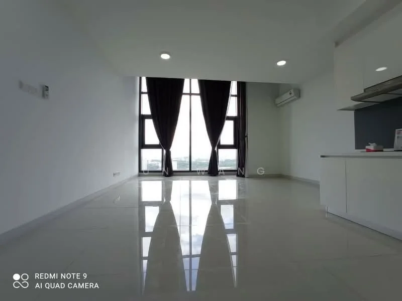 Living features: white painted walls, glossy tile flooring, floor-to-ceiling windows, blackout curtains, 1 wall-mounted split AC, recessed downlights; style: modern; view: city.