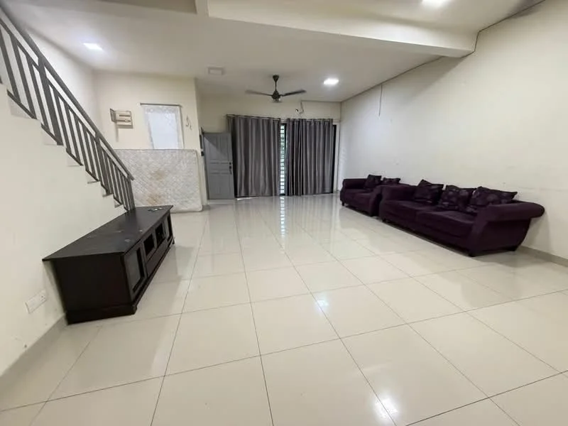 Living features: white painted walls, glossy ceramic tile flooring, 5-blade ceiling fan, large windows with sheer curtains, purple fabric 3-seater sofa, purple fabric 2-seater sofa, TV console, neutral color decor, staircase with metal railing, natural light from windows; style: modern.