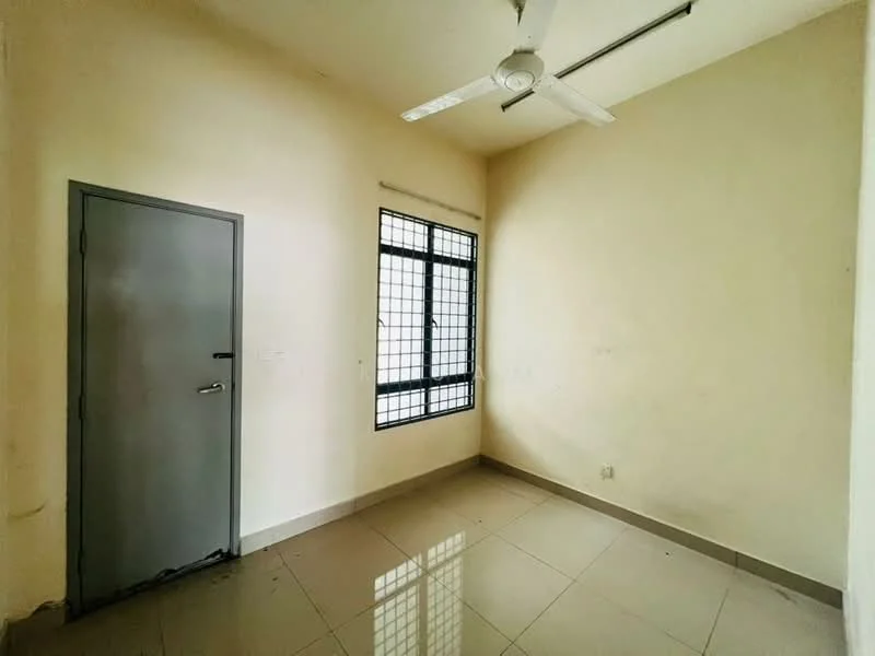 Room features: cream painted walls, floor-to-ceiling window with grid pattern, grey door, ceiling fan, glossy tile flooring, corner location, natural light from window; style: minimalist.