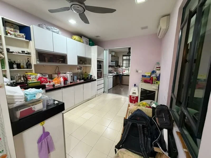 Kitchen features: white cabinetry, stainless-steel appliances, double-bowl stainless-steel sink, chrome pull-down faucet, ceramic tile flooring, ceiling fan, open shelving, countertop with clutter, wall-mounted split AC, window with black frame, light purple painted walls, recessed downlights; style: modern.