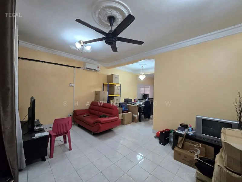 Living features: red leather sofa, 3-blade ceiling fan, white painted walls, tile flooring, TV console, wall-mounted TV, coffee table, boxes stacked in the corner, air conditioning unit, decorative plant in pot.