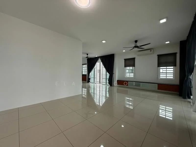 Living features: white painted walls, glossy ceramic tile flooring, 5-blade ceiling fan with light, recessed LED downlights, floor-to-ceiling windows, blackout curtains, air conditioning unit, built-in cabinetry, neutral color scheme; style: modern.