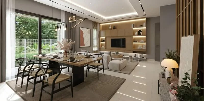 Dining features: 6-seater dining table, wooden dining chairs, pendant lighting, recessed downlights, large windows with sheer curtains, decorative wall art, area rug with geometric pattern, built-in cabinetry with shelves, wall-mounted TV, neutral wall color, light-colored flooring, indoor plants, sofa in living area visible; style: modern; view: garden.