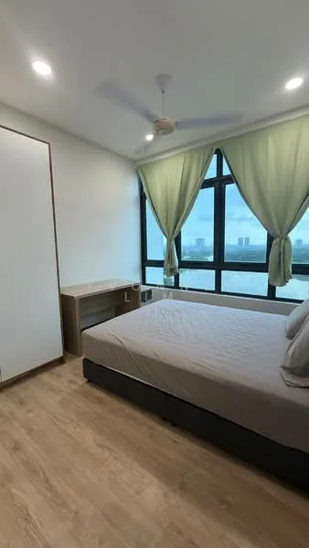 Bedroom features: queen-size bed, upholstered headboard, 2 bedside pillows, wooden bedside table, built-in wardrobe with sliding doors, floor-to-ceiling windows, green sheer curtains, ceiling fan with light, laminate flooring, neutral wall colour; style: modern; view: city.