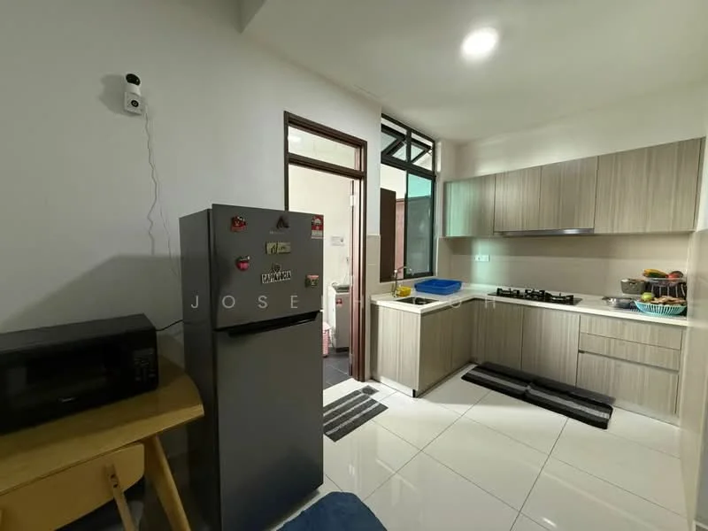 Kitchen features: grey cabinetry, white countertop, stainless-steel sink, chrome faucet, 4-burner gas hob, built-in oven, microwave, stainless-steel fridge, white tiled backsplash, white tiled flooring, recessed downlights, window with natural light, open layout, kitchen island, decorative items on countertop; style: modern.
