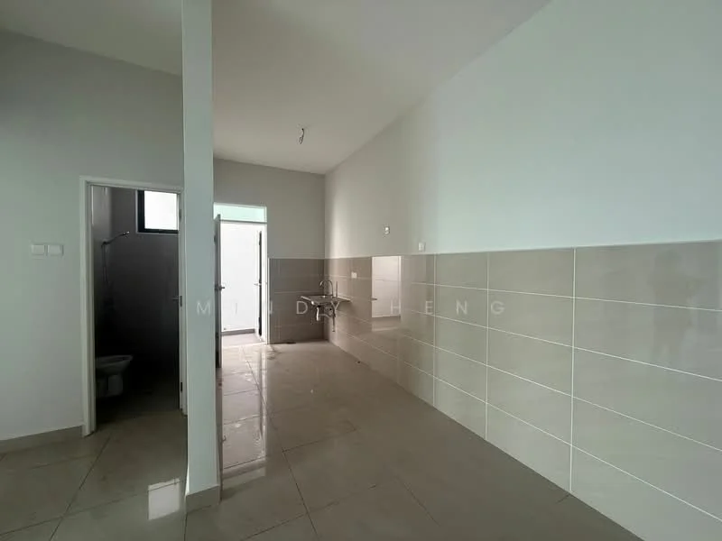 Room features: white painted walls, glossy beige tile flooring, single-bowl stainless-steel sink, window for natural light, door leading to bathroom, door leading outside, ceiling light fixture, neutral color scheme; style: modern.