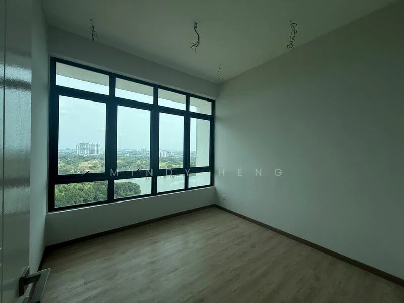 Room features: large floor-to-ceiling windows, white painted walls, light wood laminate flooring, unfurnished, city view, no visible ceiling fixtures, neutral color scheme; style: modern; view: city.