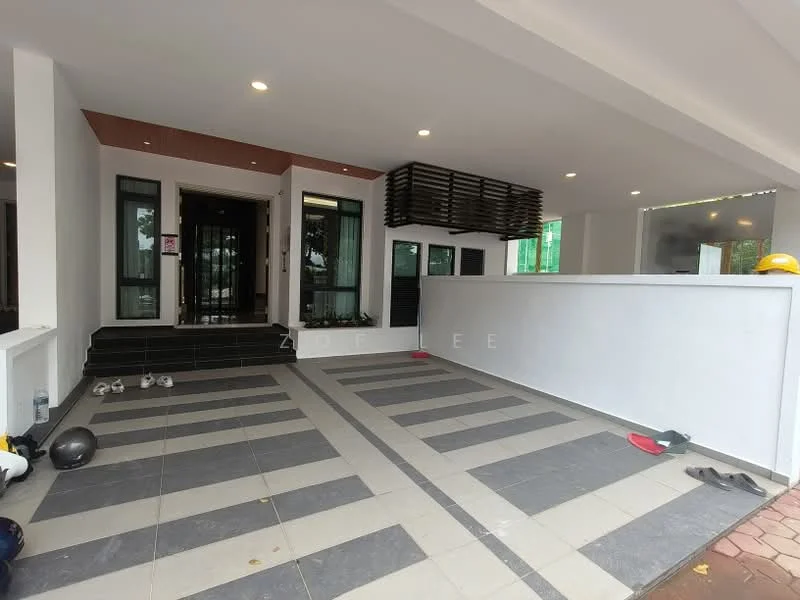 Exterior type: detached bungalow; features: white painted facade, glass windows, black metal railing, stone-paved driveway, manicured lawn, covered porch, modern architectural design, outdoor lighting, sliding glass door, interior steps leading to entrance; style: modern.