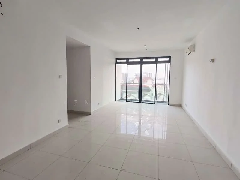 Living features: white painted walls, glossy ceramic tile flooring, floor-to-ceiling windows, sliding glass door, air conditioning unit, neutral ceiling, no visible furniture, open layout; style: modern; view: city.
