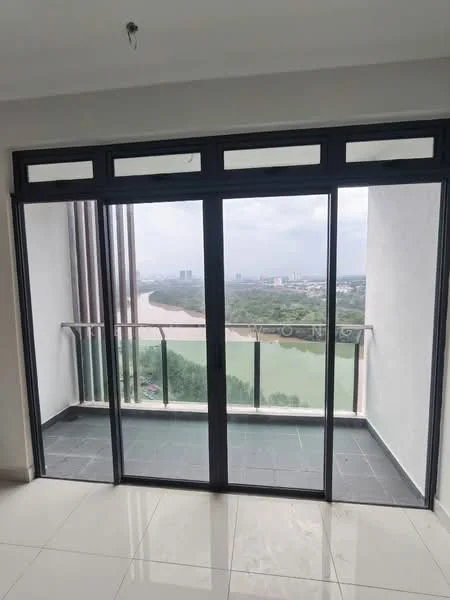 Balcony features: sliding glass door, floor-to-ceiling windows, grey tiled flooring, metal railing, river view, city skyline view; style: modern; view: river.