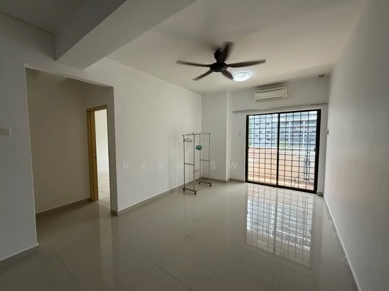 Living features: white painted walls, polished ceramic tile flooring, 5-blade ceiling fan with light, wall-mounted split AC, floor-to-ceiling sliding glass door, natural light from large window, balcony view, open layout; style: modern; view: city. Room features: white painted walls, polished ceramic tile flooring, doorway leading to another room.