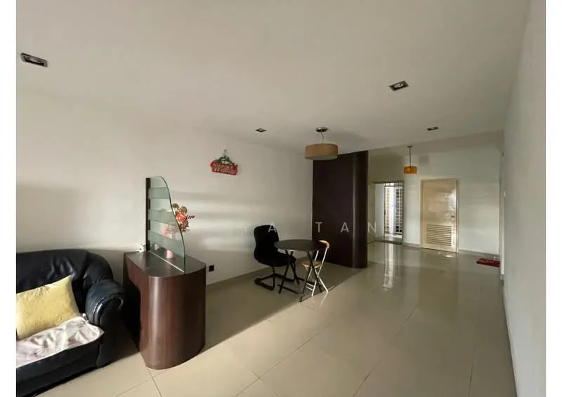 Living features: black leather sofa, yellow throw pillow, glass display unit, round dining table, black dining chairs, cream tiled flooring, white painted walls, recessed ceiling lights, pendant light fixture; style: modern. Room features: cream tiled flooring, white painted walls, recessed ceiling lights.