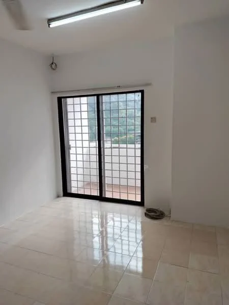 Room features: white painted walls, glossy tile flooring, sliding glass door, grid pattern window, natural light from window, neutral color scheme, no visible furniture, open space layout; style: modern; view: garden.