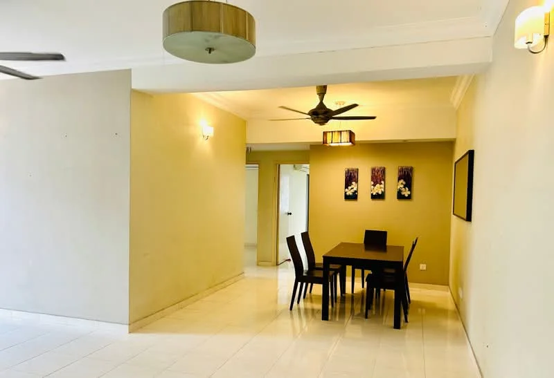 Dining features: white painted walls, cream accent wall, polished tile flooring, 5-blade ceiling fan with light, 2 pendant lights, dining table with 6 black chairs, framed artwork on wall, doorway leading to other rooms; style: modern.