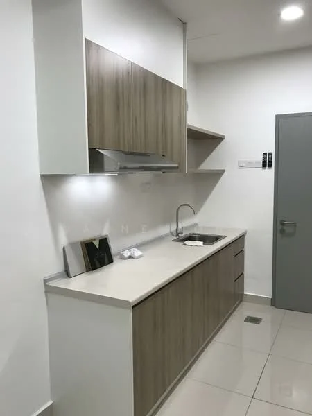 Kitchen features: laminate cabinetry in wood finish, white quartz countertop, single-bowl stainless-steel sink, chrome pull-down faucet, built-in stainless-steel range hood, open shelving above countertop, white painted walls, glossy ceramic tile flooring, recessed LED downlights; style: modern.