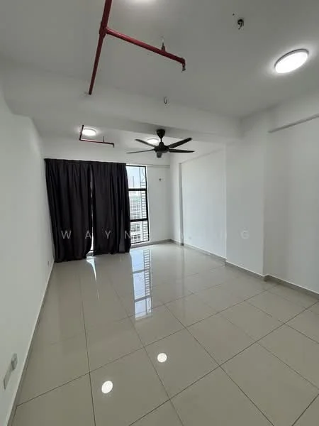 Living features: white painted walls, glossy ceramic tile flooring, 5-blade ceiling fan with light, floor-to-ceiling window, blackout curtains, recessed downlights, exposed ceiling pipes, neutral color scheme; style: modern.