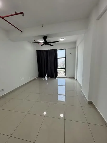 Living features: white painted walls, glossy ceramic tile flooring, 5-blade ceiling fan with light, recessed LED downlights, floor-to-ceiling window, blackout curtains, city view; style: modern; view: city.