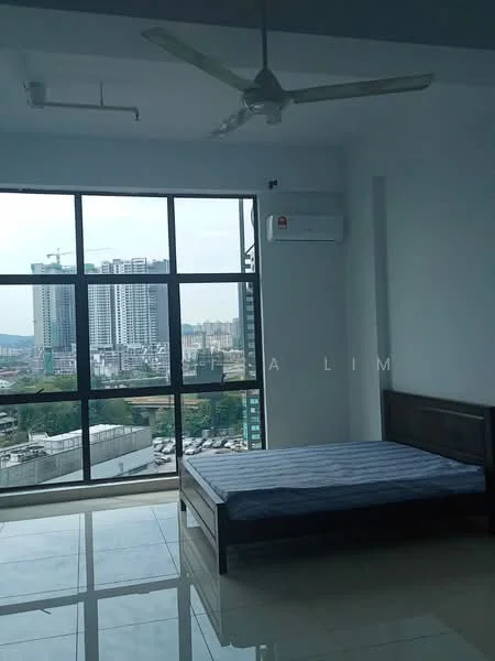 Bedroom features: floor-to-ceiling windows, city view, 1 wall-mounted split AC, 5-blade ceiling fan, unmade bed with mattress, white painted walls, glossy tile flooring; style: modern; view: city.