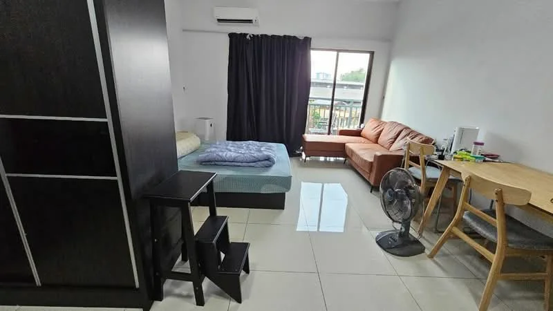 Living features: queen-size bed, brown leather sofa, wooden dining table with chairs, black bedside table, white ceiling, black curtains, air conditioning unit, floor-to-ceiling window, tile flooring, standing fan; style: modern; view: city.