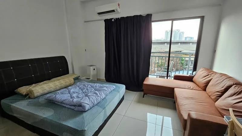 Bedroom features: queen-size bed, upholstered headboard, brown leather sectional sofa, floor-to-ceiling window, blackout curtains, air conditioning unit, tile flooring, light-colored walls, balcony view; style: modern; view: city.
