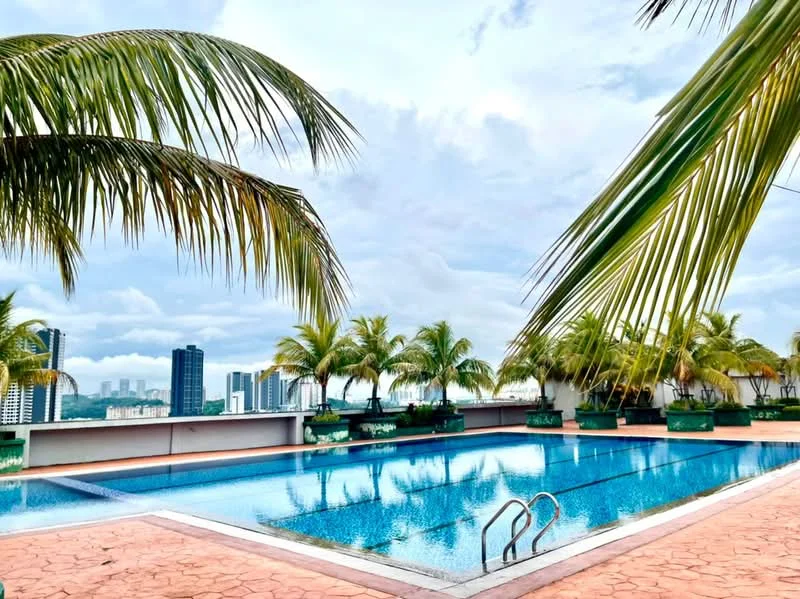 Exterior type: swimming pool deck; features: infinity pool, pool deck with loungers, palm trees, city skyline view, surrounded by greenery, stone-paved walkway; style: modern.