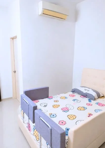 Bedroom features: single bed with safety rails, colorful patterned bedding, white painted walls, light-colored flooring, wall-mounted air conditioning unit, wooden door, window with no visible treatment; style: minimalist.