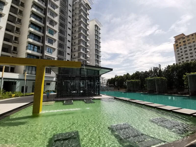 Exterior type: high-rise condominium; features: infinity pool, pool deck with loungers, landscaped garden, water feature, modern architecture, glass curtain wall, surrounded by greenery, outdoor seating area; style: modern.