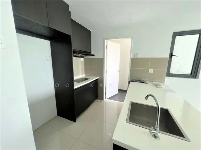 Kitchen features: black cabinetry, white countertop, single-bowl stainless-steel sink, chrome pull-down faucet, ceramic tile backsplash, built-in oven, stainless-steel range hood, recessed downlights, floor-to-ceiling window, grey tiled flooring; style: modern.