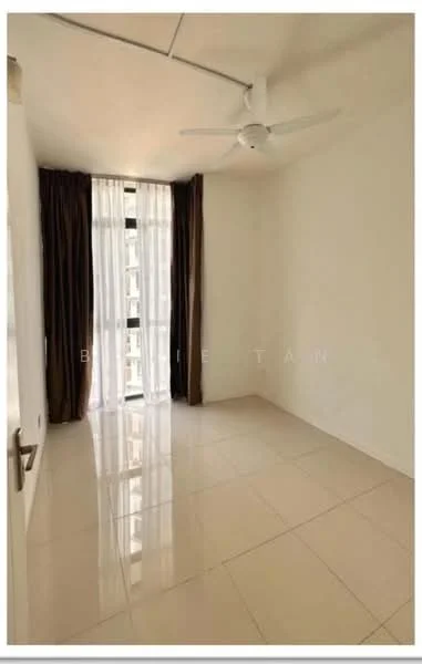 Room features: white painted walls, glossy tile flooring, 5-blade ceiling fan, floor-to-ceiling windows, brown curtains, natural light, neutral color scheme; style: modern; view: city.