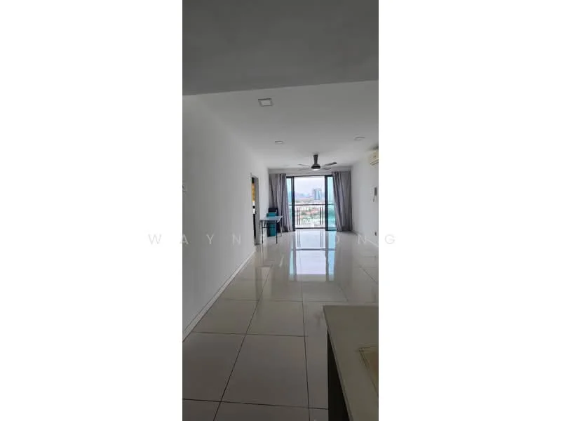 Living features: white painted walls, glossy tile flooring, 5-blade ceiling fan, floor-to-ceiling windows, curtains, dining table, study desk, city skyline view; style: modern; view: city.