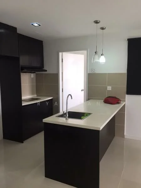 Kitchen features: black cabinetry, white countertop, single-bowl stainless-steel sink, chrome pull-down faucet, built-in oven, 4-burner gas hob, pendant lighting, tile backsplash, ceramic tile flooring, recessed downlights; style: modern.