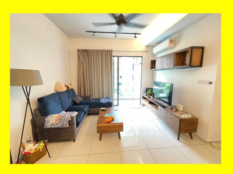 Living features: 3-seater fabric sofa in navy blue, coffee table with wooden legs, wall-mounted TV, TV console with storage, floor lamp with shade, sliding glass door, floor-to-ceiling curtains, white painted walls, polished ceramic tile flooring, ceiling fan with light, decorative items on console; style: modern; view: garden.