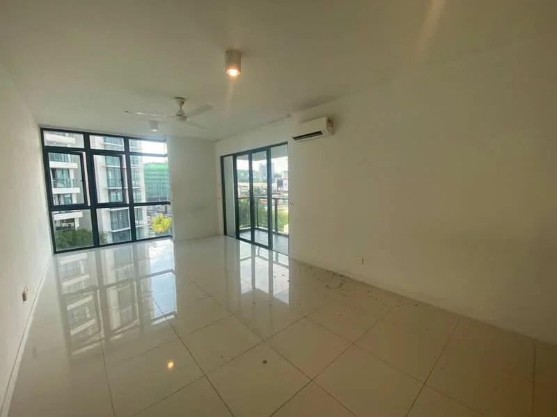 Living features: white painted walls, glossy ceramic tile flooring, 5-blade ceiling fan with light, wall-mounted split AC, floor-to-ceiling windows, natural light from windows, view of city skyline; style: modern; view: city.