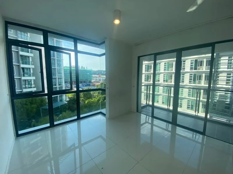 Room features: large floor-to-ceiling windows, white painted walls, glossy white tile flooring, recessed ceiling lights, open layout, view of surrounding buildings, greenery visible outside, natural light flooding the space; style: modern; view: city.