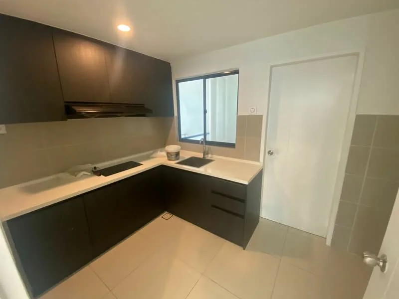 Kitchen features: black cabinetry, white countertop, single-bowl stainless-steel sink, chrome pull-down faucet, built-in range hood, window with view, tile backsplash, ceramic tile flooring, recessed lighting; style: modern.