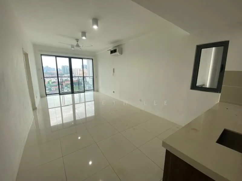 Living features: white painted walls, glossy ceramic tile flooring, 5-blade ceiling fan, floor-to-ceiling windows, sliding glass door, air conditioning unit, natural light from windows, neutral decor; style: modern; view: city. Kitchen features: kitchen countertop, sink, cabinetry; style: modern.