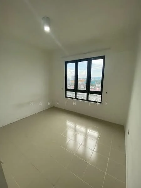 Room features: white painted walls, tile flooring, floor-to-ceiling windows, city view, ceiling light; view: city.